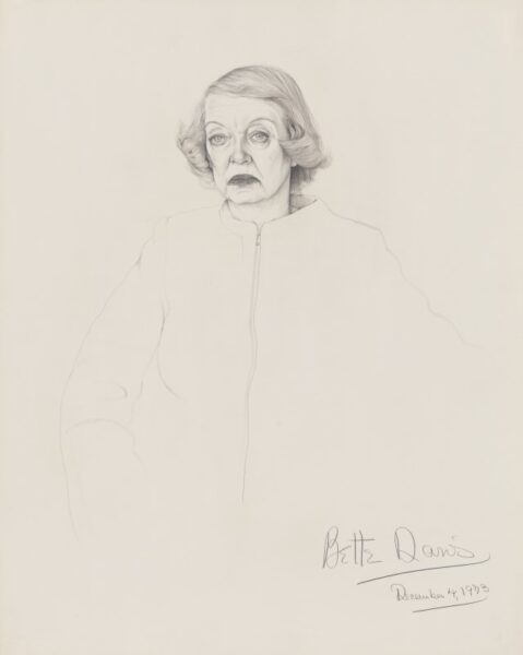Don Bachardy, Bette Davis, 1973, graphite and ink on paper, Don Bachardy Papers, The Huntington; © Don Bachardy, 1973.