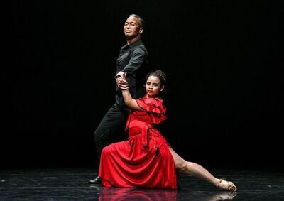 A dancer in red lunges near her partner