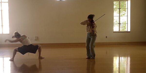 A dancer and a violinist in a room