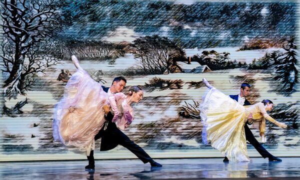 Two couples dance before a snowy backdrop in Little Women Ballet