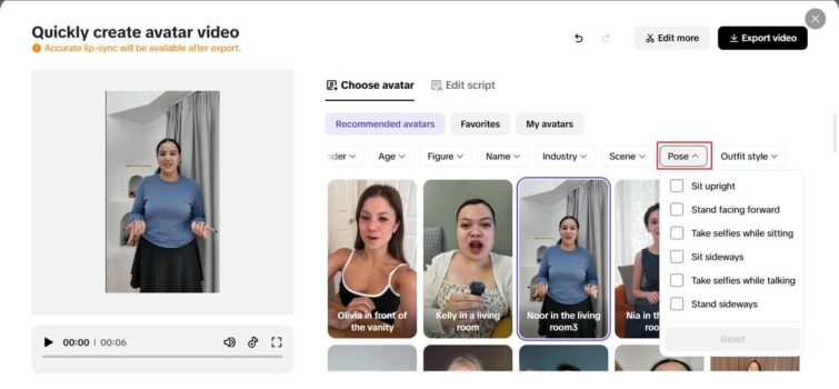 Images from the platform used to create AI avatars
