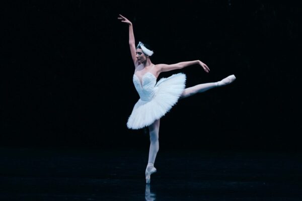 A dancer in a white tutu in arabesque for San Francisco Ballet.