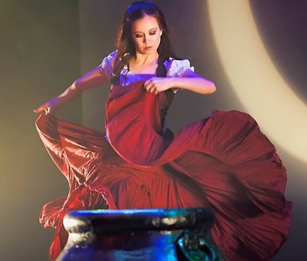 A woman in a red dress