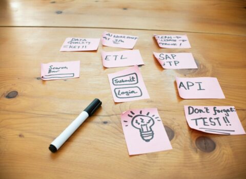 Sticky notes with words and drawings on a wooden table.