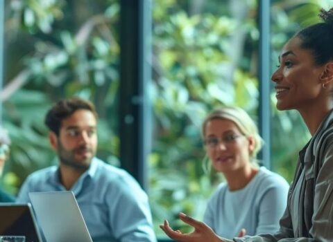 Meeting room scene with individuals around a table, focused on knowledge management's effect on productivity.