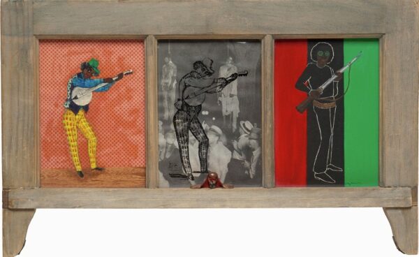 Betye Saar, (1926- ), Let Me Entertain You, 1972, wooden window frame with cut-and-pasted printed and painted paper, photocopy transparency, and wood veneer with found object; National Afro-American Museum and Cultural Center, Wilberforce, Ohio, © Betye Saar, courtesy of the artist and Roberts Projects, Los Angeles.