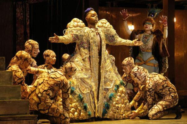 John Holiday as Akhnaten (with So Young Park, at right, as Queen Tye) in LA Opera's 2026 production of Akhnaten. Photo: Cory Weaver