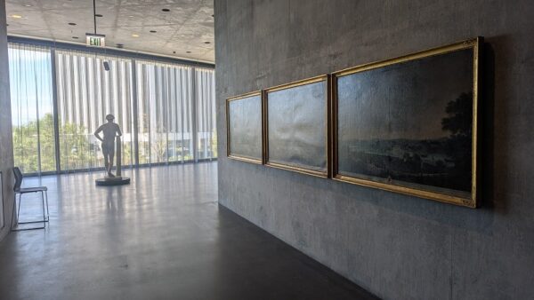 Three cityscapes of Toulon and Bayonne, France, by Juan Patricio Morlete Ruiz, 1771, obscured by exterior light; photograph by Stephen West.