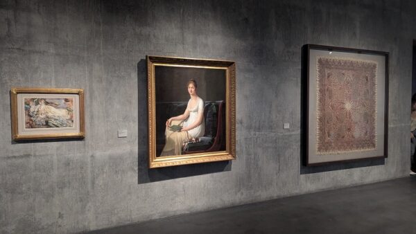 Left, John Singer Sargent, Rose-Marie Ormand Reading in a Cashmere Shawl, c. 1908, watercolor, gouache and graphite on paper; center, Robert-Jacques Lefevre, Portrait of a Woman Holding a Pencil and a Drawing Book, c. 1808, oil on canvas; and right, shawl from Kashmir region of India, c. 1870s, embroidered wool; photograph by Stephen West.