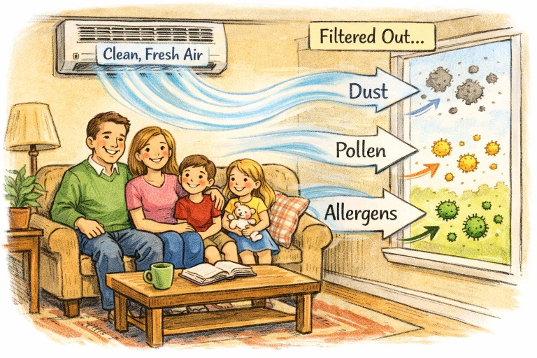 Illustration of a family of four sitting on a sofa as a wall AC unit blows air while arrows point dust, pollen, and allergens out a window