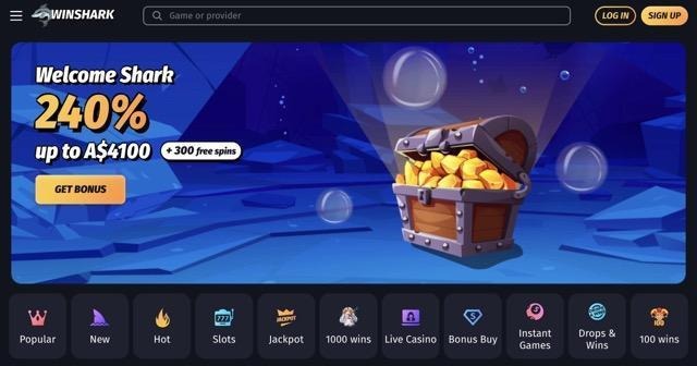 Online casino homepage with a glowing treasure chest full of gold coins on a blue underwater background