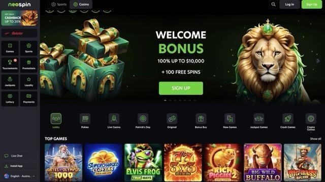 Casino website showing a crowned lion and green gift boxes alongside a welcome bonus offer