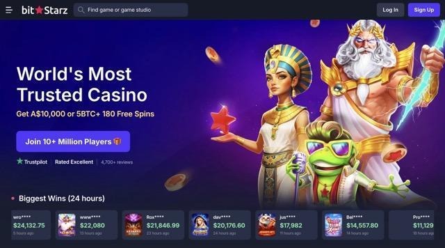 Casino site homepage featuring animated Egyptian queen, Zeus, and frog characters on purple background