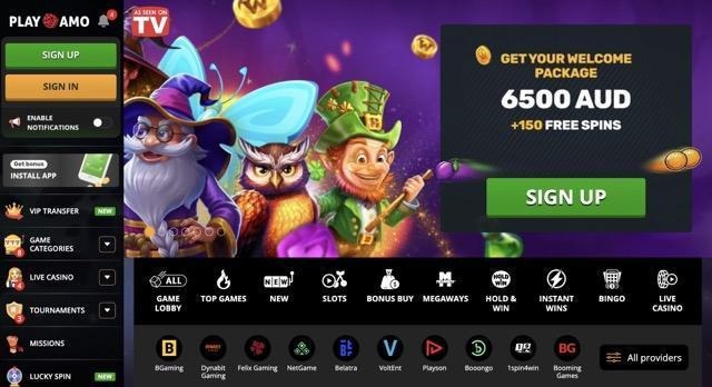 Online casino page with wizard, owl, and leprechaun cartoon characters and a welcome package offer