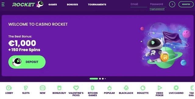 Purple casino website homepage with a small robot mascot holding a flag on a planet