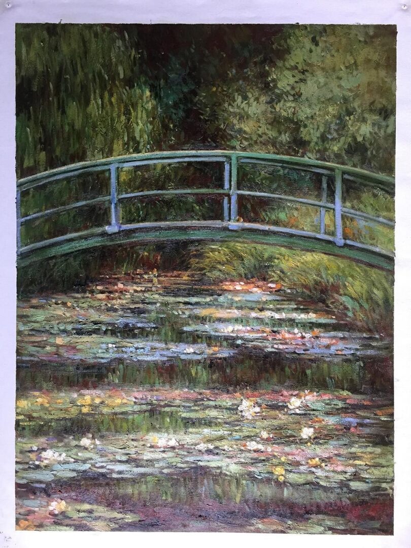 Painted pond scene with arched green bridge over water lilies and lush green trees