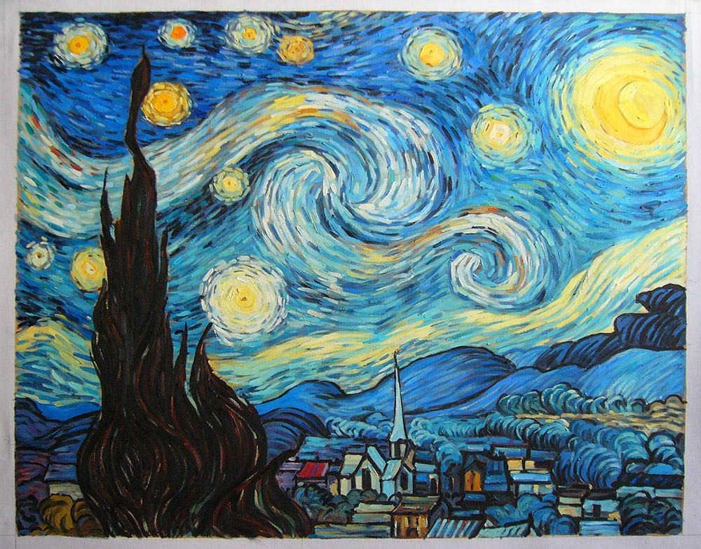 Swirling blue night sky with glowing stars over a village with a church steeple and dark cypress tree