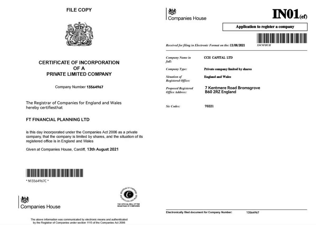 UK Companies House certificate of incorporation document for a private limited company dated August 2021