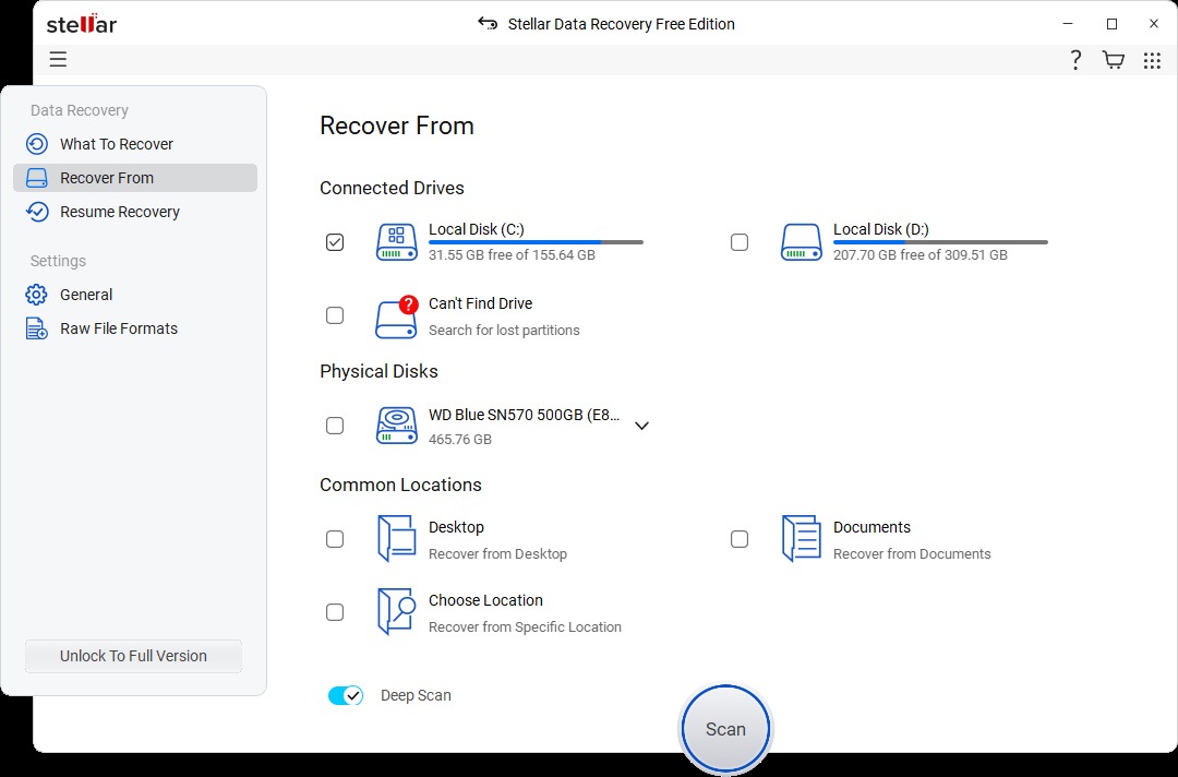 Stellar Data Recovery Free Edition showing Recover From screen with connected drives and scan button