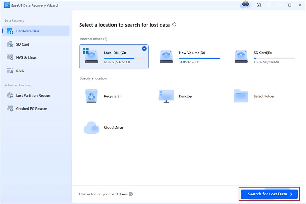 EaseUS Data Recovery Wizard interface showing drive selection screen with local disks and cloud drive options