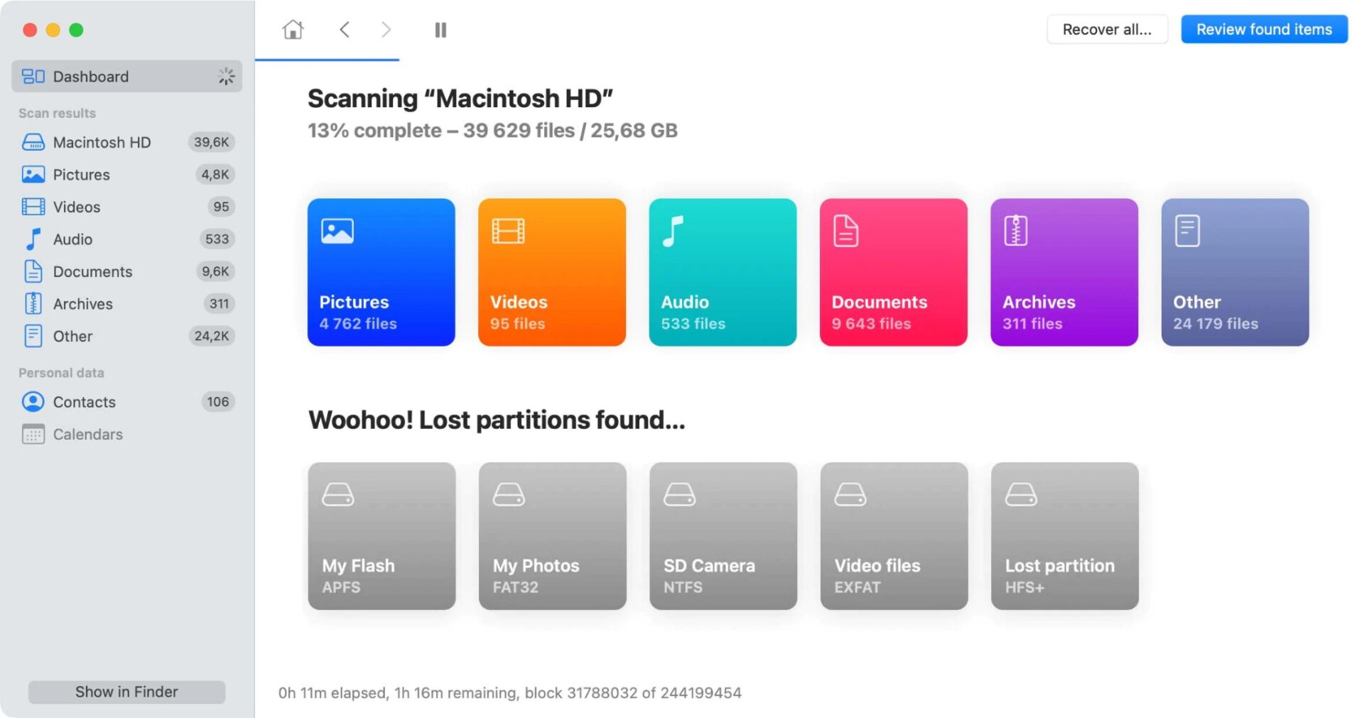 Mac app dashboard scanning Macintosh HD showing file categories and lost partitions found