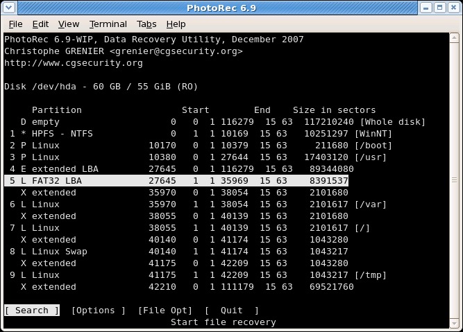 PhotoRec 6.9 terminal window displaying disk partition table on a 60GB drive