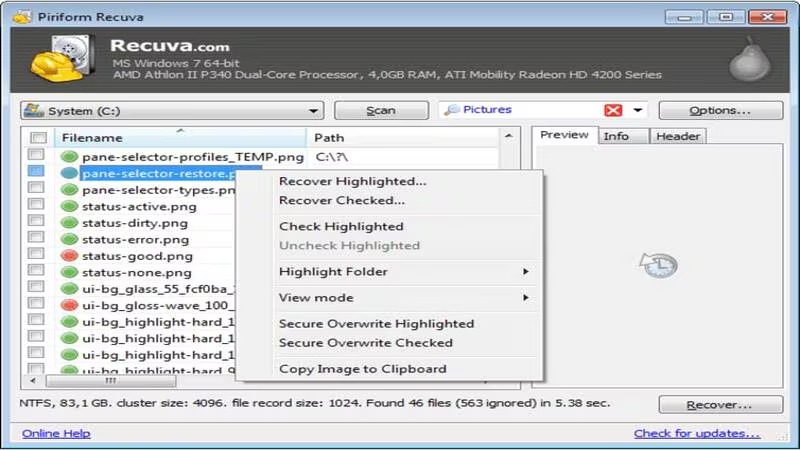 Piriform Recuva window showing recovered PNG files list with right-click context menu open