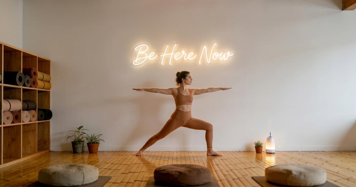 Woman in warrior yoga pose under a warm white Be Here Now sign in a bright studio