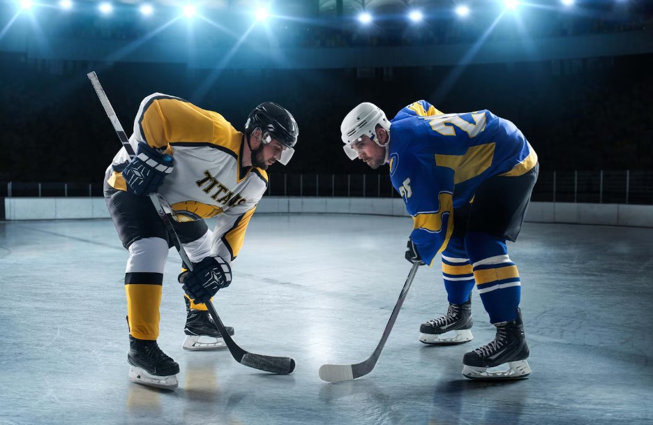 Two hockey players in yellow and blue jerseys face off at center ice under bright arena lights