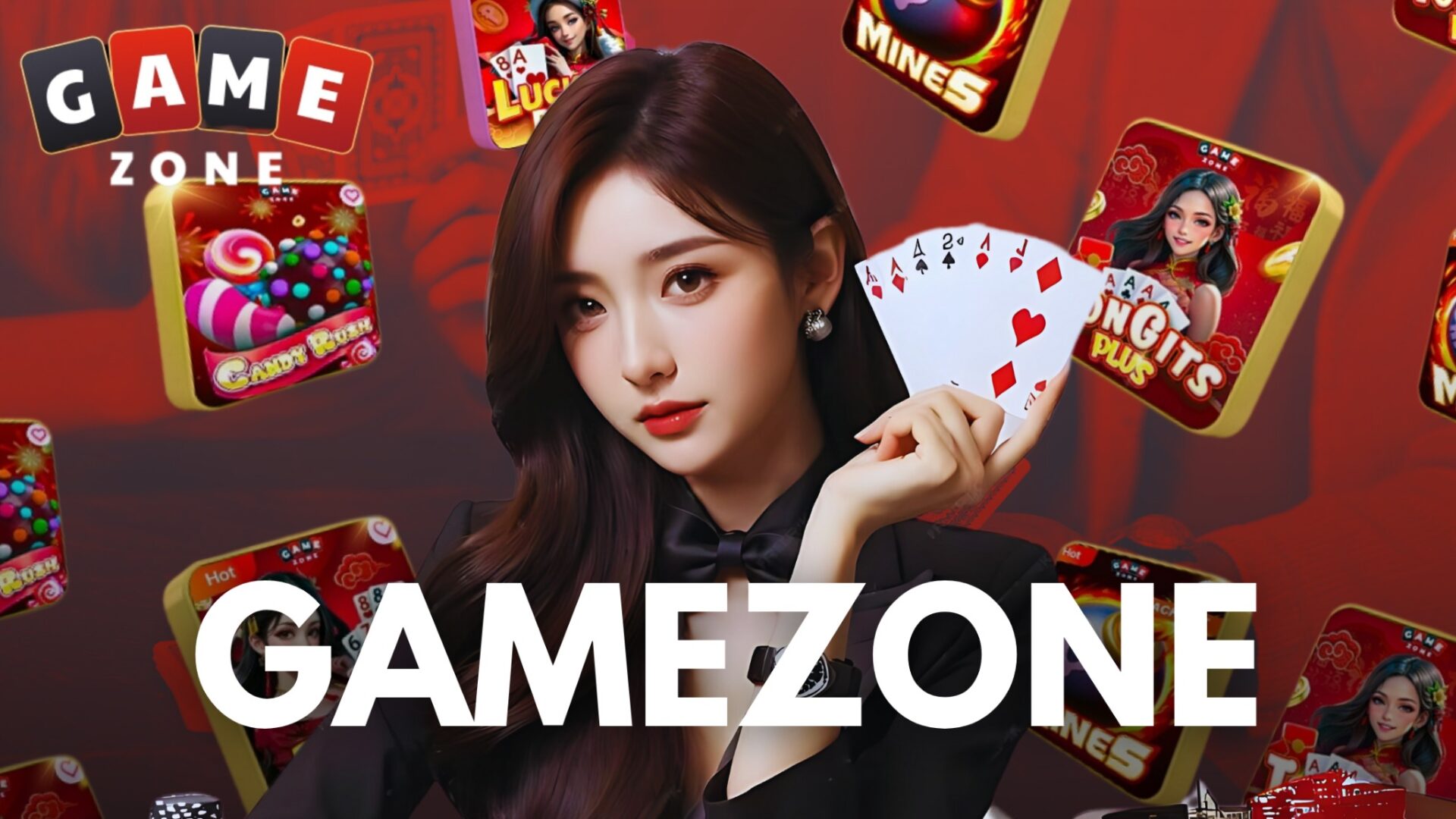Woman in black outfit holding playing cards surrounded by colorful game icons on red background
