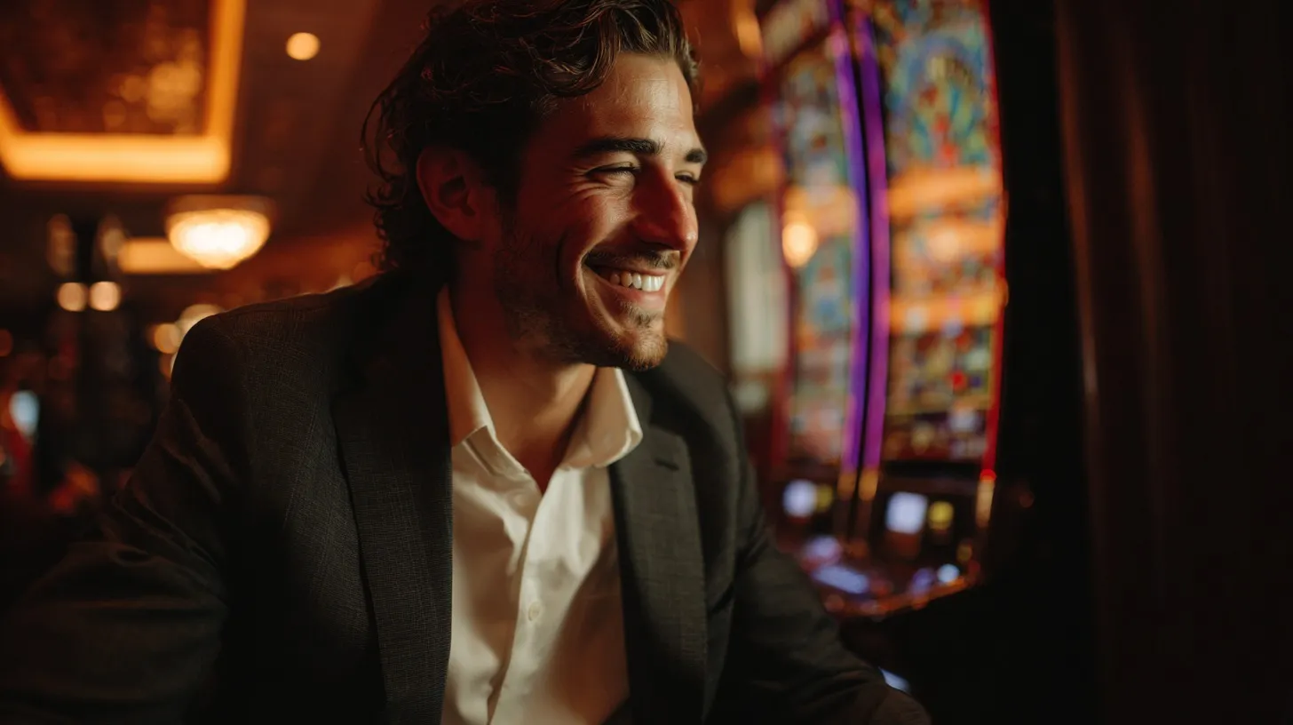 Smiling man in dark blazer and white shirt sitting beside a colorful slot machine in a dimly lit casino