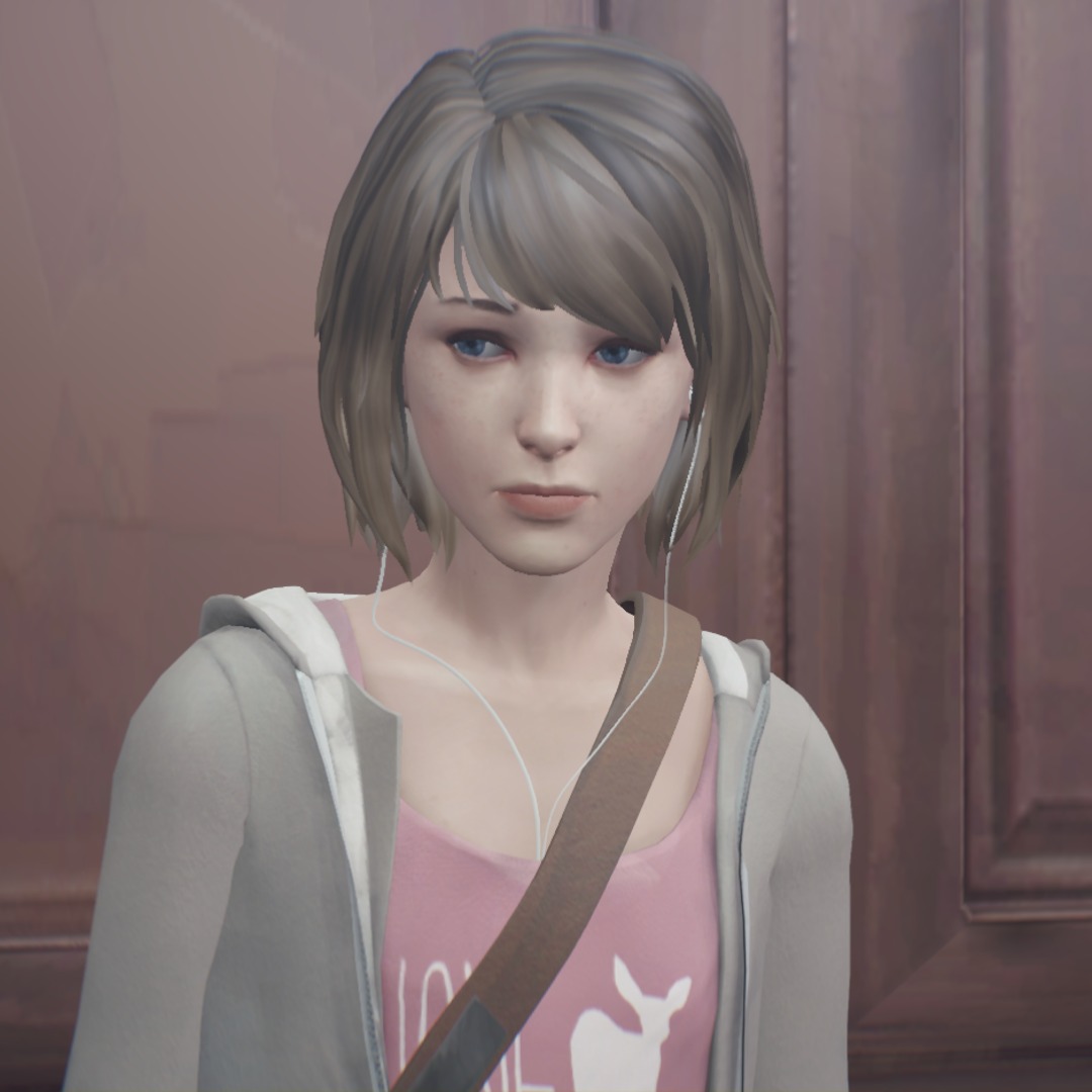 Close-up of a rendered young woman with short gray hair, blue eyes, pink top, hoodie, and a bag strap