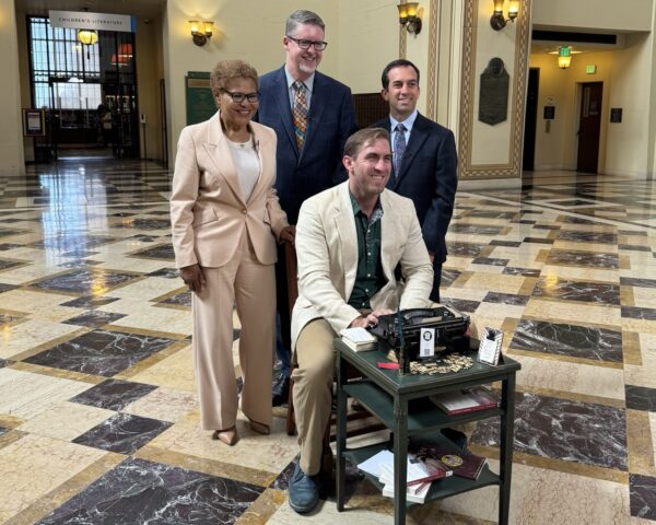 Brian Sonia-Wallace with LA mayor and others celebrating poetry