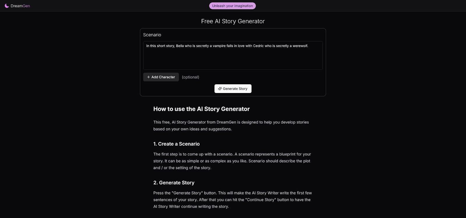 CD-Insert3 DreamGen website screenshot showing a free AI story generator interface with a scenario text box, Add Character button, and Generate Story button above instructional text