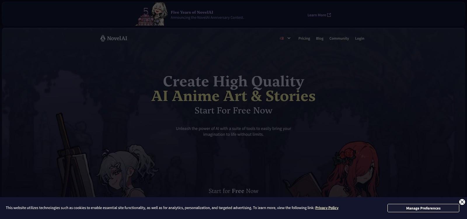 CD-Insert4 NovelAI website homepage with dark background showing two anime-style characters near an easel and the headline Create High Quality AI Anime Art and Stories