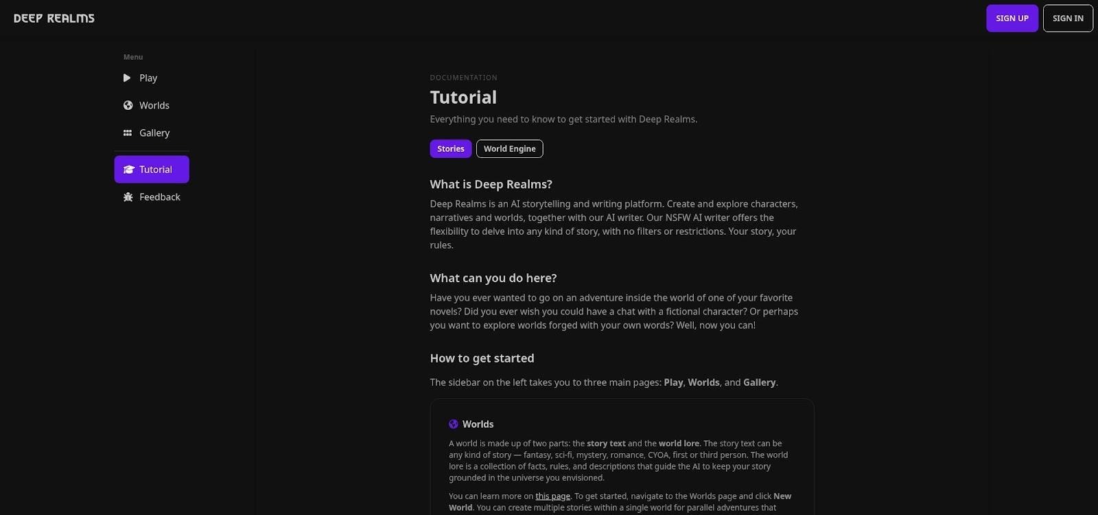 CD-Insert5 Deep Realms tutorial documentation page on a dark background with sidebar navigation showing Play, Worlds, Gallery, Tutorial, and Feedback menu items