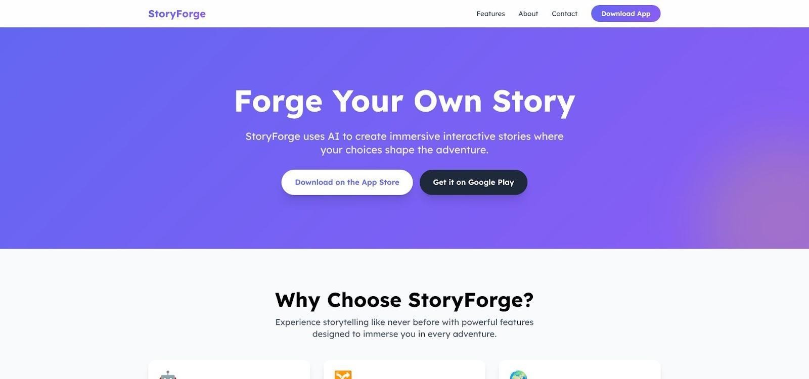 CD-Insert6 StoryForge website homepage with a purple gradient banner displaying the headline Forge Your Own Story and buttons to download on App Store and Google Play
