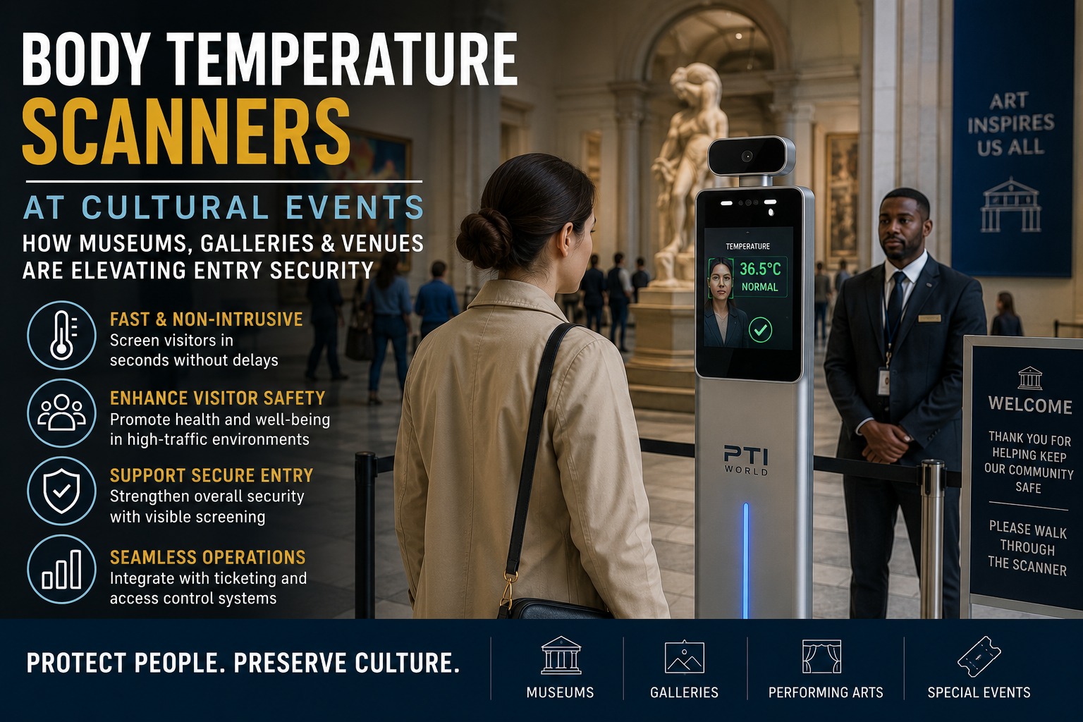 Woman facing a tall PTI World temperature scanner kiosk showing 36.5C normal reading inside a marble-columned hall, with a suited security guard standing nearby