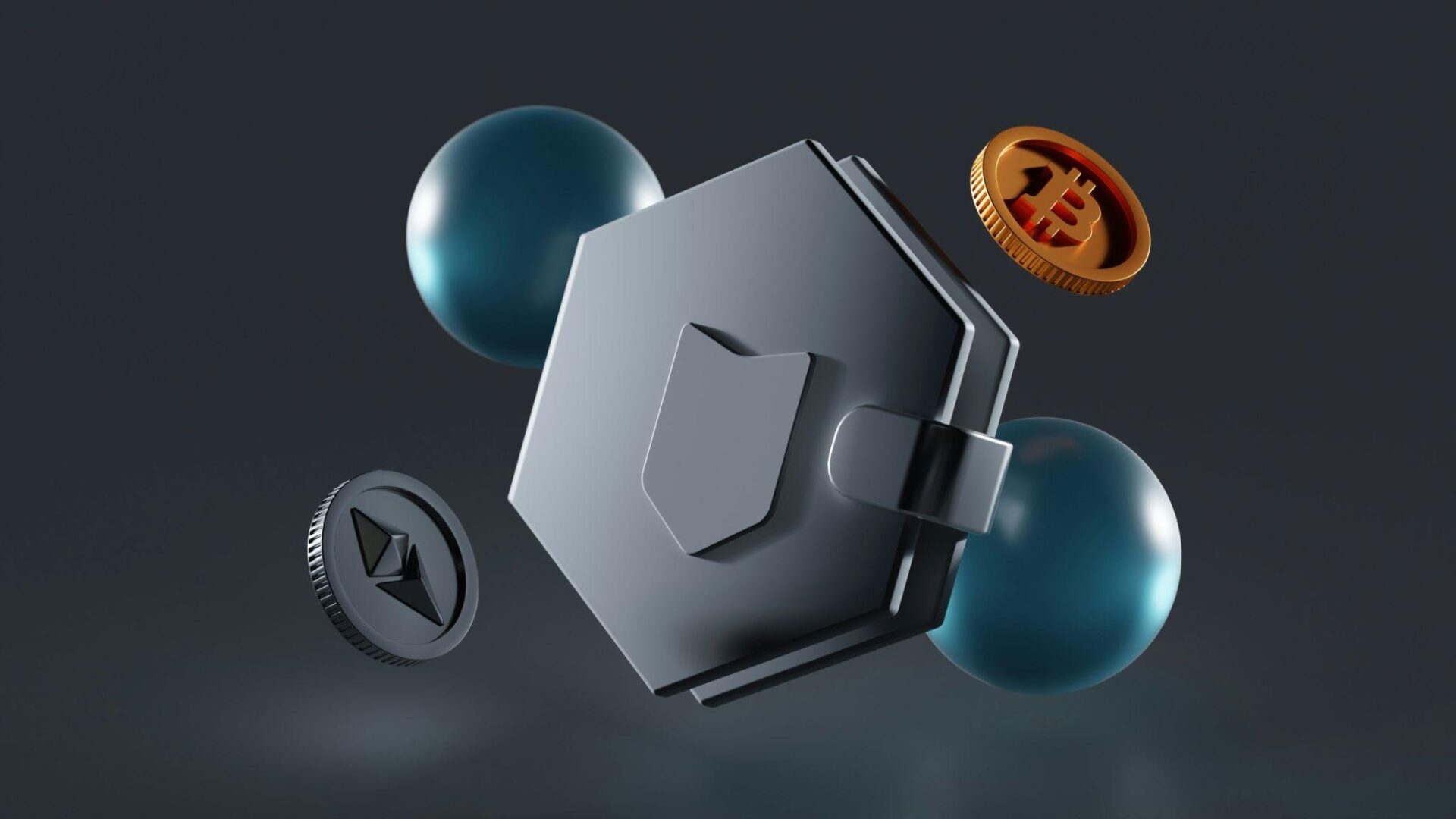 CD-Insert1 3D rendered digital wallet with a shield emblem, floating teal spheres, a gold coin, and a gray Ethereum coin on dark background