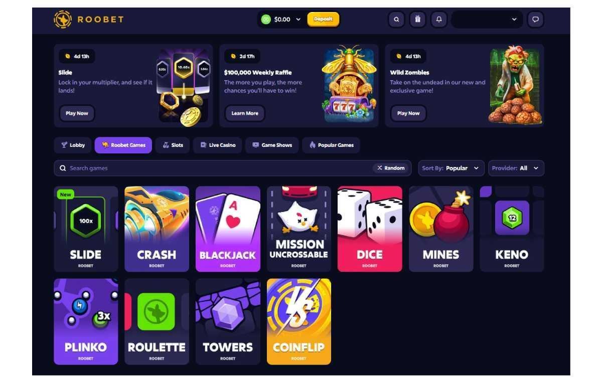 CD-Insert2 Dark-themed website page displaying a grid of colorful game tiles including Slide, Crash, Blackjack, Dice, and Plinko