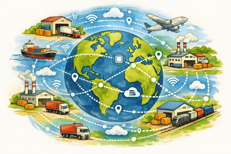 Watercolor illustration of a globe connected by dotted lines to trucks, a cargo ship, airplane, warehouses, and factories with wifi and location icons