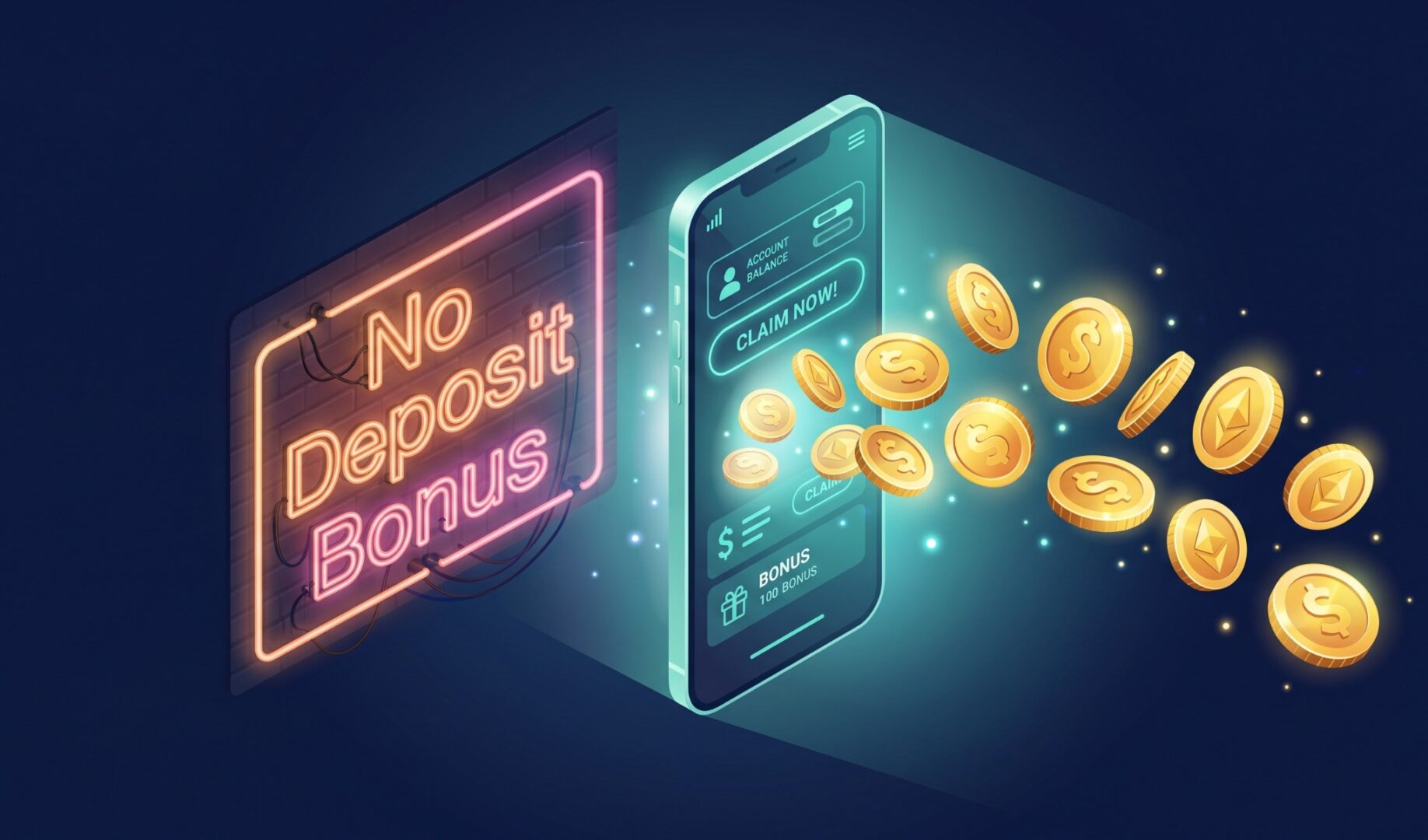 CD-Insert1 Glowing neon sign and a smartphone with gold coins flying out against a dark blue background