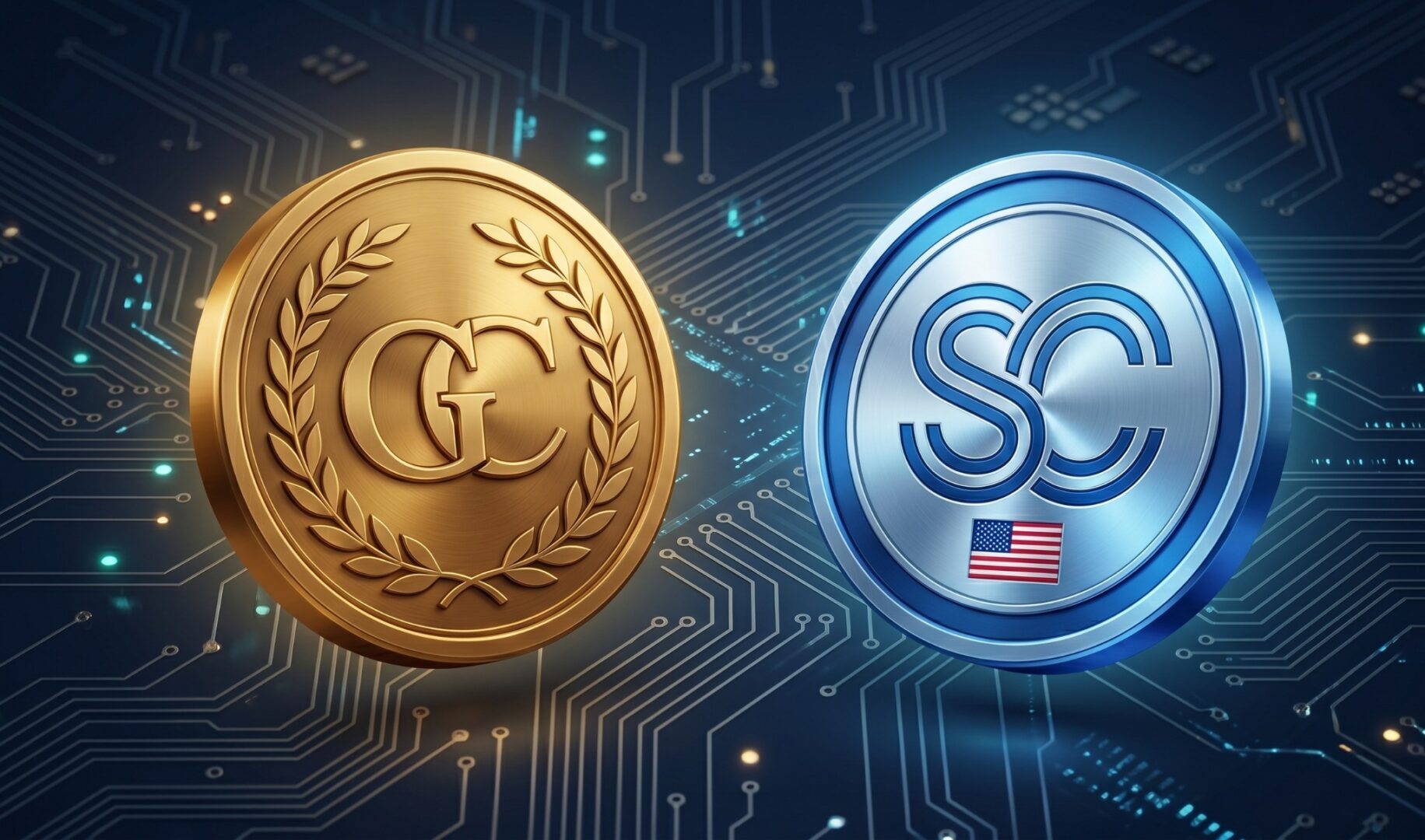 CD-Insert2 A gold coin marked GC and a silver-blue coin marked SC with a US flag on a circuit board background