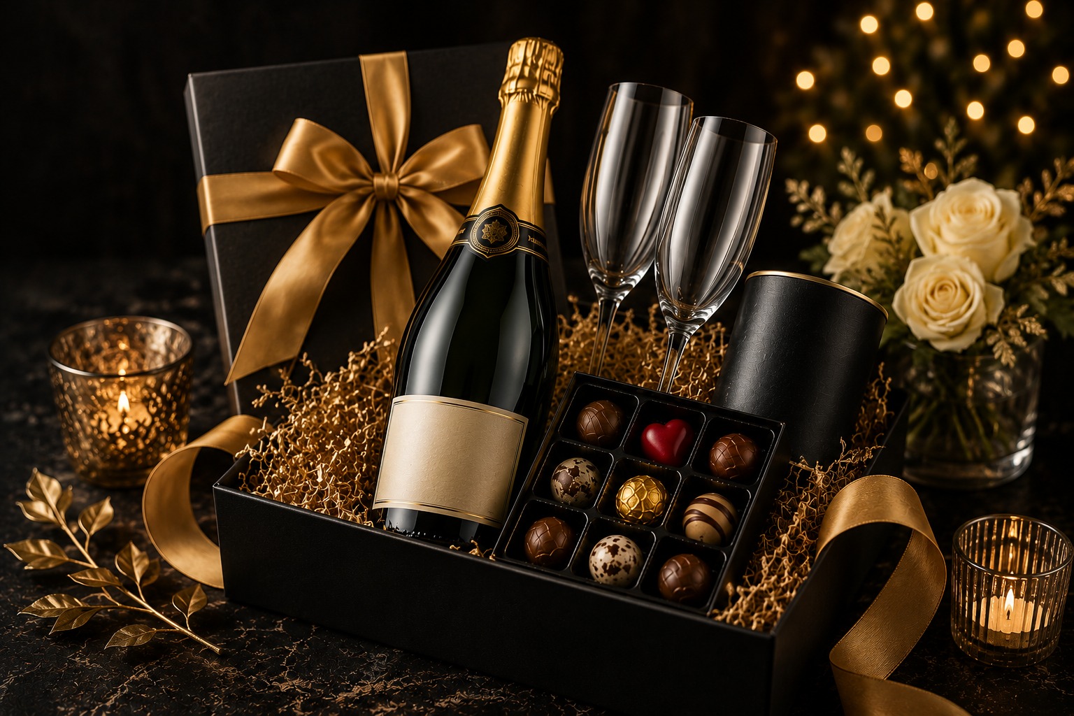 Black box with gold bow containing a sparkling wine bottle, two flute glasses, and chocolate truffles beside candles and roses