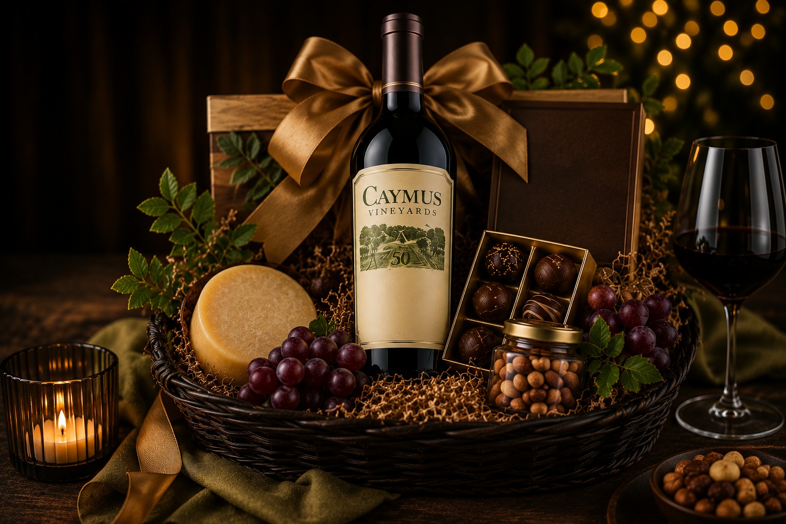Wicker basket with a red wine bottle, cheese, grapes, chocolates, and nuts beside a filled wine glass and candle
