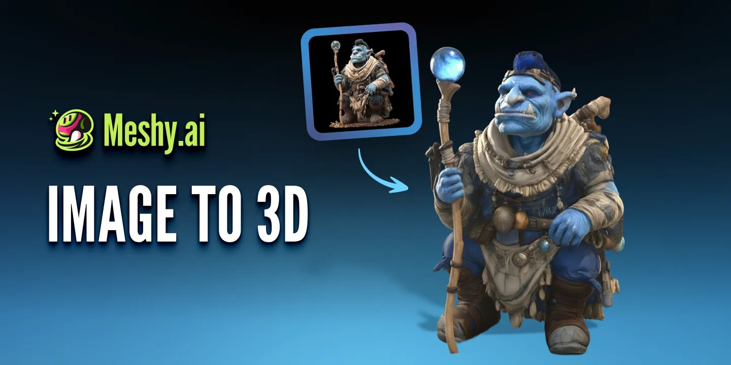 CD-Insert1 Blue fantasy troll character holding a staff beside a small flat reference image, Meshy.ai logo on left
