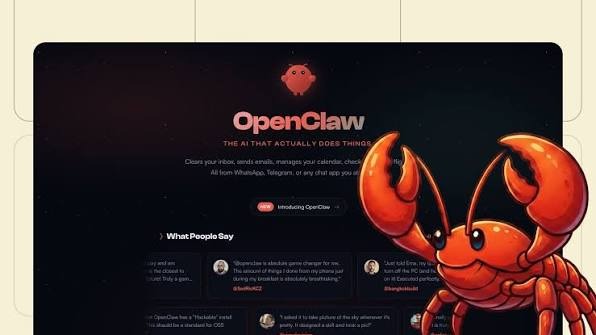 CD-Insert1 Dark website homepage with a large orange cartoon crab illustration and the name OpenClaw in white text