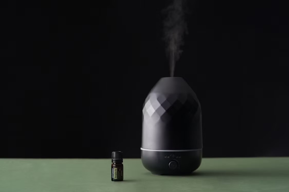 CD-Insert1 Black faceted device emitting a thin mist on a green surface beside a small dark essential oil bottle