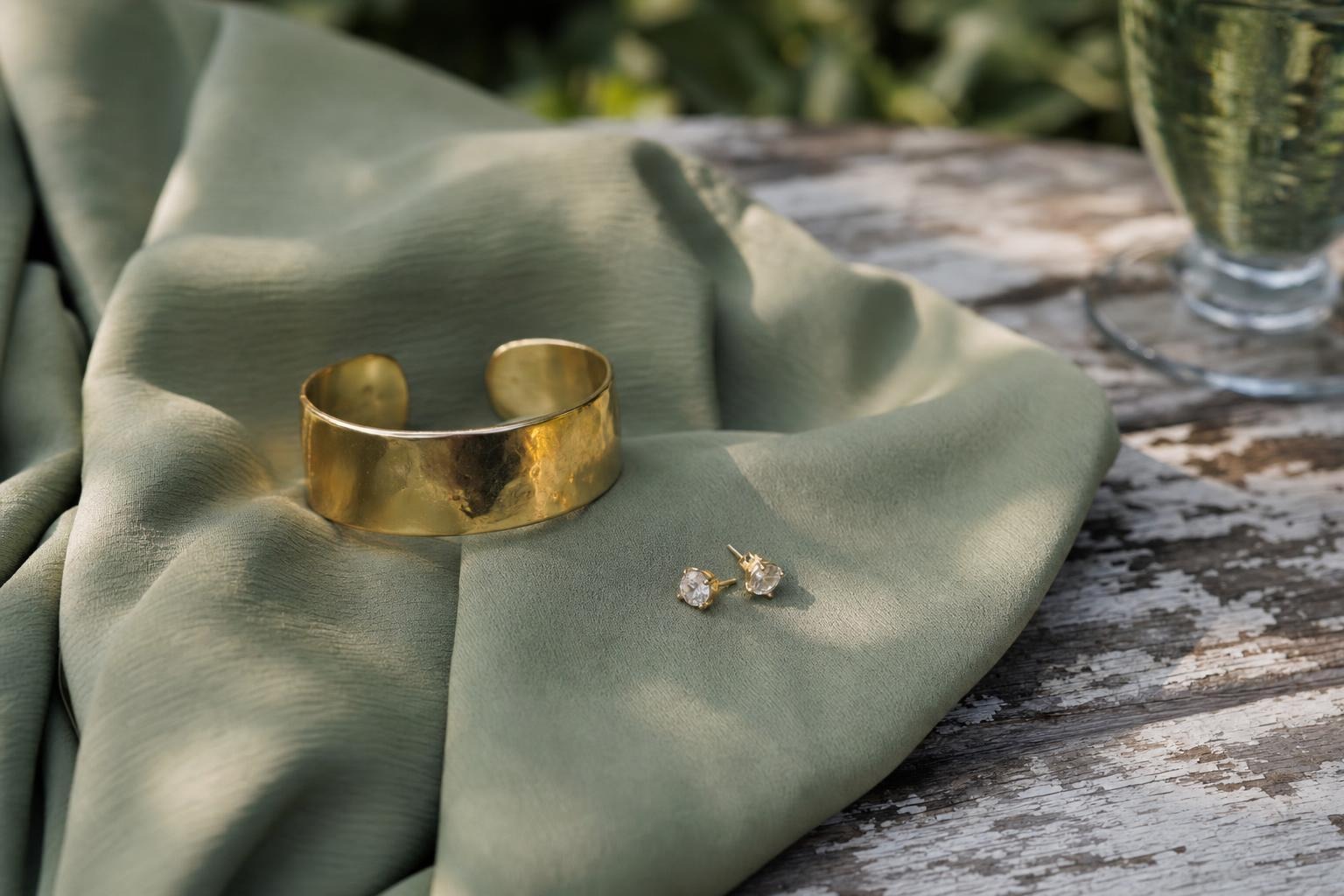 CD-Insert2 Gold cuff bracelet and small crystal stud earrings resting on sage green fabric on a rustic wooden table