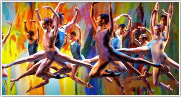 Dancers leap in front of multicolored backdrop